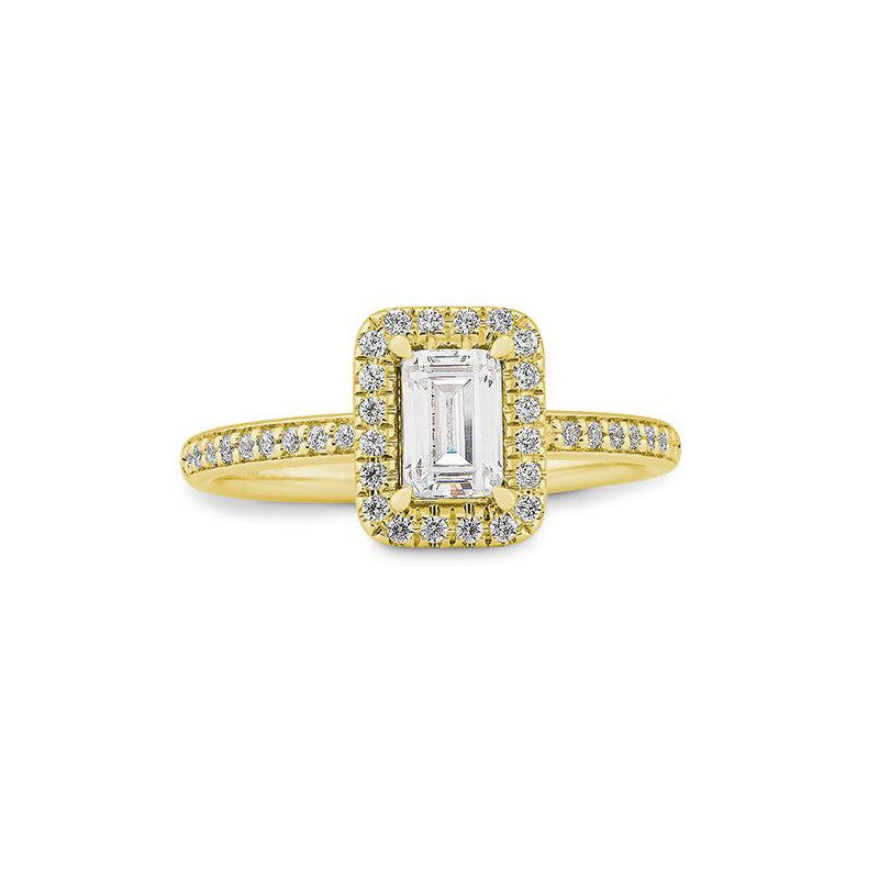 Verlobungsring 0,50 Emerald - Cut und 38 Brillanten, Gelbgold