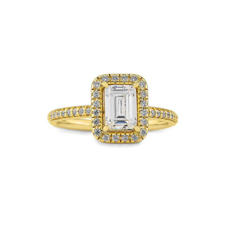 Verlobungsring 1,00ct. Emerald - Cut und 38 Brillanten, Gelbgold
