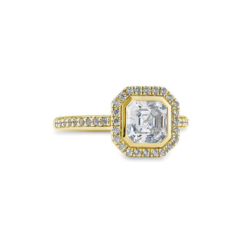 Verlobungsring 0,50ct. Asscher - Cut und 38 Brillanten, Gelbgold