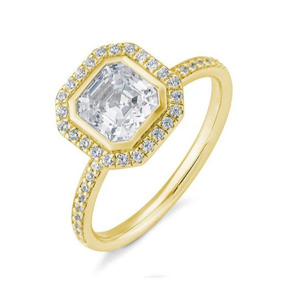 Verlobungsring 1,50ct. Asscher - Cut und 42 Brillanten, Gelbgold