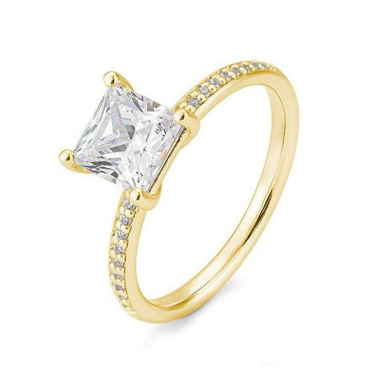 Verlobungsring mit einem Princess - Cut und 18 Brillanten 0,689 ct., Gelbgold